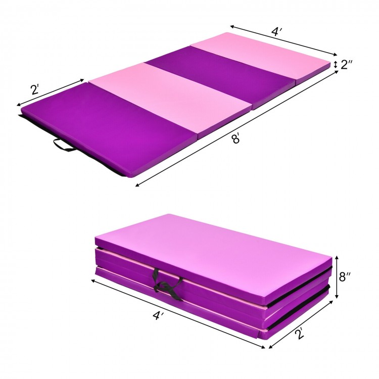 Folding gymnastics panel mat in pink, 4' x 8' x 2", with handles for easy transport, ideal for fitness and yoga.