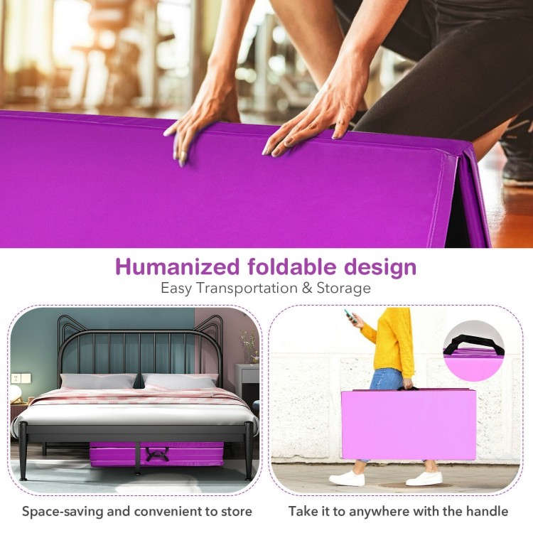 Folding gymnastics mat in pink with handles, featuring a durable design for easy storage and transportation.