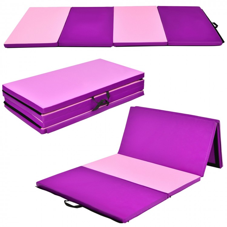 Folding gymnastics mat in pink and purple, 4' x 8', showcasing a foldable design with zippered cover for easy cleaning.