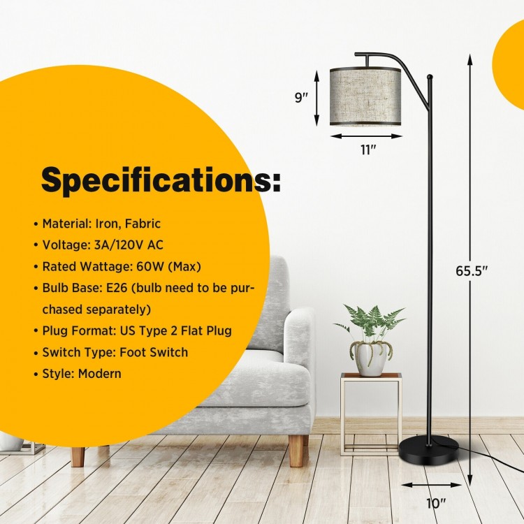 Standing floor lamp with adjustable head, matte black iron frame, and beige fabric shade for modern living room decor.