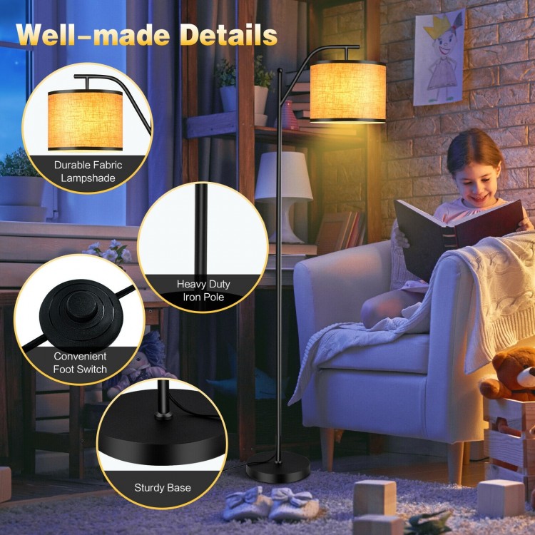 Standing floor lamp with adjustable head, matte black iron frame, beige fabric shade, perfect for living room or.