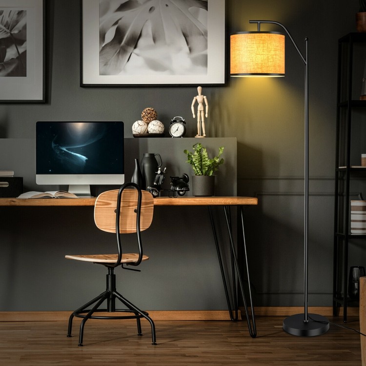 Standing floor lamp with adjustable head, matte black iron frame, and beige fabric shade, ideal for living room or.