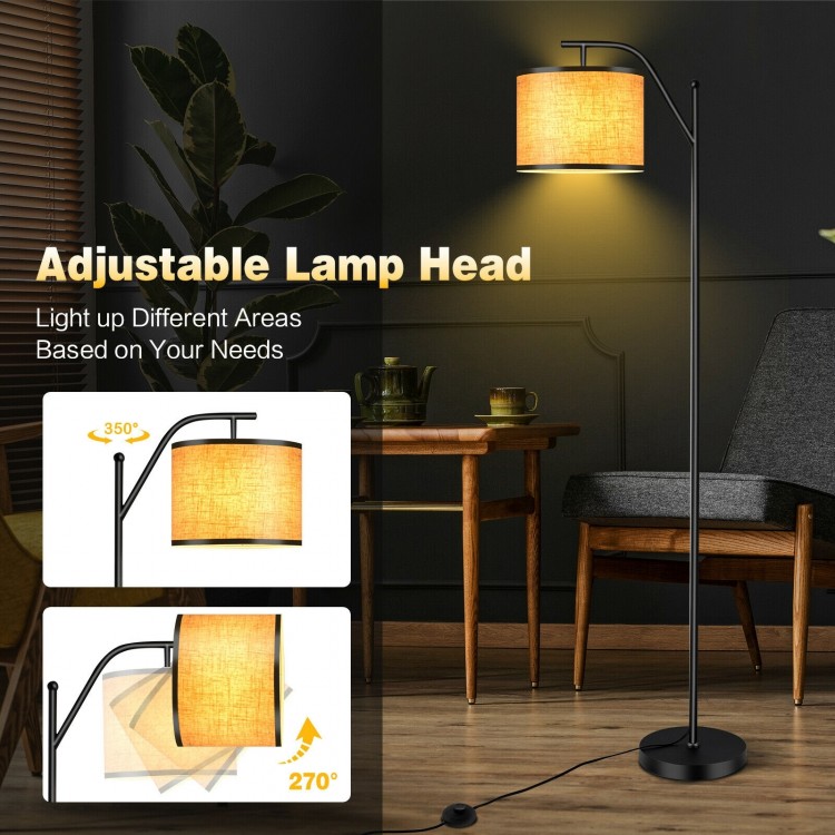 Standing floor lamp with adjustable beige fabric shade and matte black iron frame, ideal for living room or bedroom.