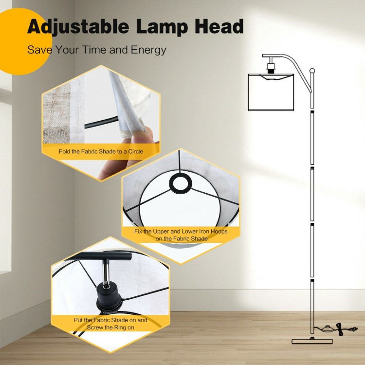 Adjustable lamp head detail of standing floor lamp with matte black iron frame and beige shade, ideal for versatile.