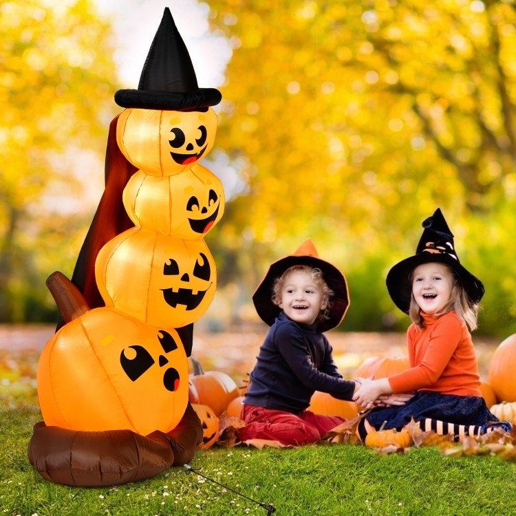 7-foot Halloween inflatable pumpkin combo with witch's hat, featuring LED lights, perfect for festive outdoor.