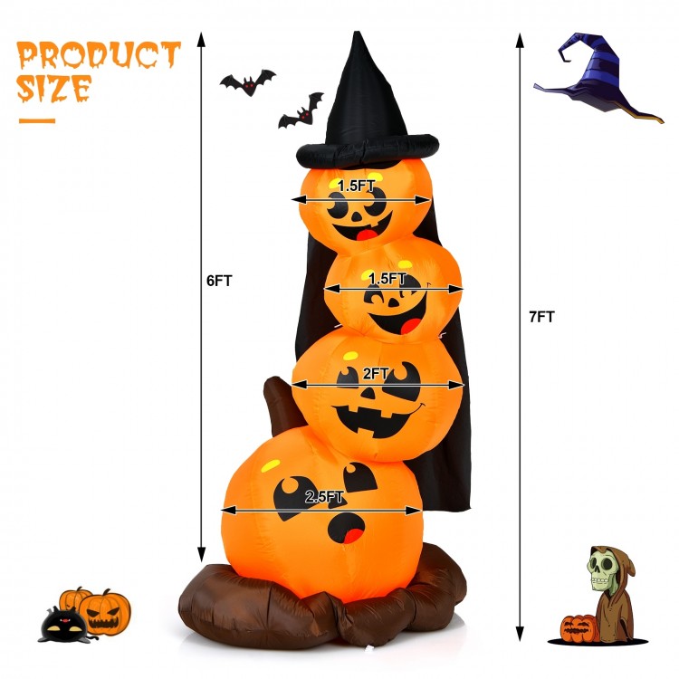 7-foot Halloween inflatable pumpkin combo with witch's hat, LED lights, and different expressions for festive outdoor.