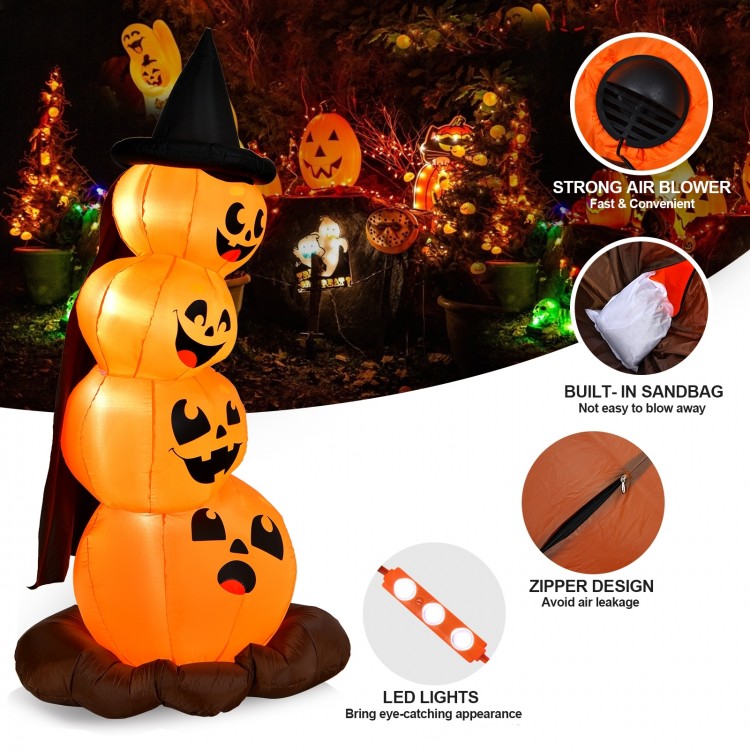 7-foot Halloween inflatable pumpkin combo with witch's hat, LED lights, and built-in sandbag for outdoor decoration.