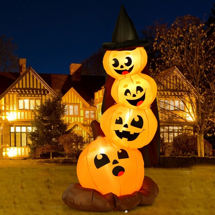 7-foot Halloween inflatable pumpkin combo with witch's hat, featuring LED lights for a festive outdoor display.