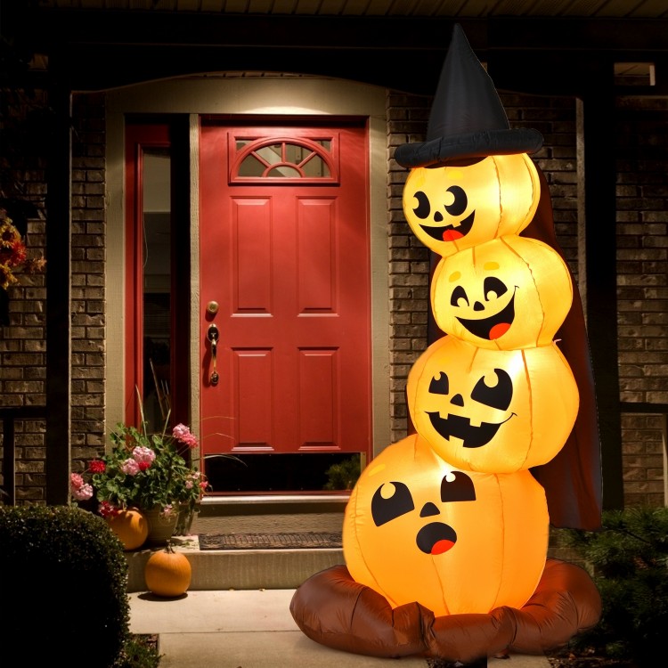 Inflatable pumpkin trio with witch's hat and LED lights, adding a fun and spooky touch to your Halloween decor.