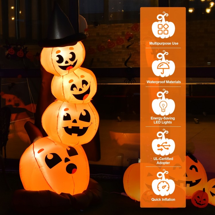 7 feet Halloween inflatable pumpkin combo with witch's hat, featuring LED lights for a festive outdoor display.