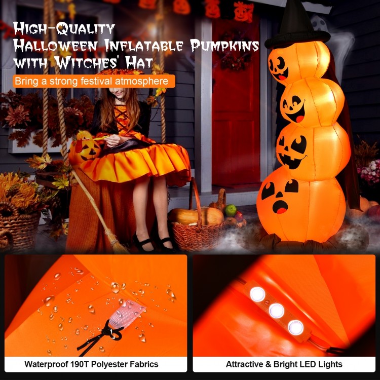 7 feet Halloween inflatable pumpkin combo with witch's hat, featuring bright LED lights for a festive atmosphere.