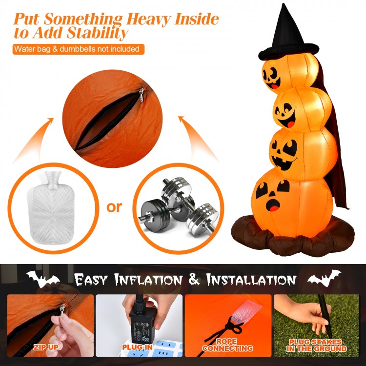 7 feet Halloween inflatable pumpkin combo with witch's hat, LED lights, and bottom zipper for easy deflation and.