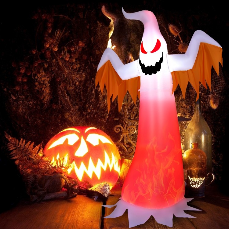 8-foot Halloween inflatable ghost with rotatable flame LED lights, made of waterproof polyester, perfect for outdoor.