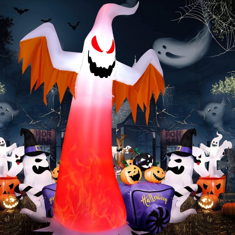 8-foot Halloween inflatable ghost with scary expression and rotatable flame LED lights for yard decoration.