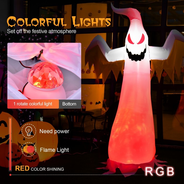 8-foot inflatable Halloween ghost with scary expression and rotatable flame LED lights for festive yard decoration.