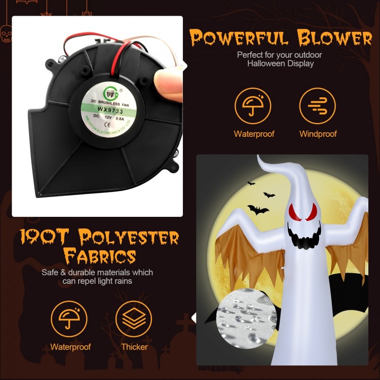 8-foot Halloween inflatable ghost with colorful flame LED lights, crafted from wear-resistant polyester for easy.