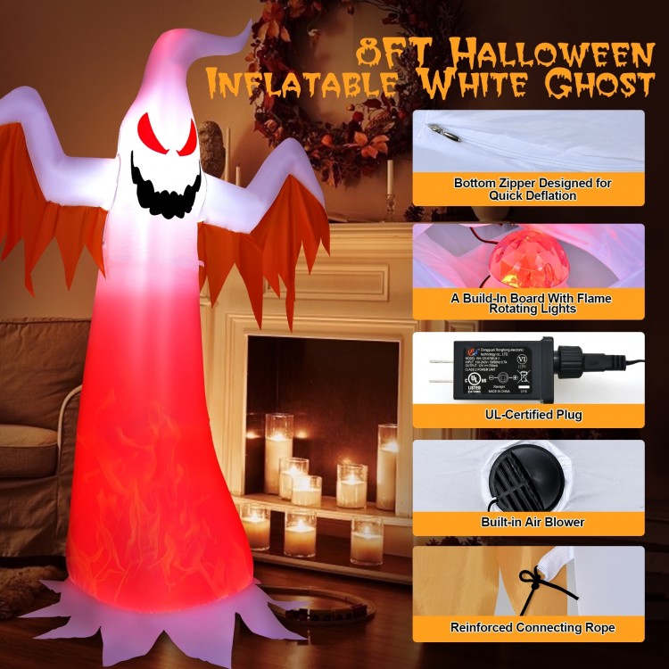 8-foot inflatable Halloween ghost with scary expression and rotatable flame LED lights for yard decoration.