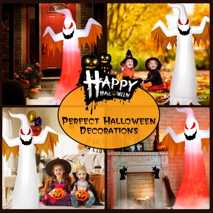 8-foot Halloween inflatable ghost with rotatable flame LED lights, perfect for yard decoration and Halloween parties.