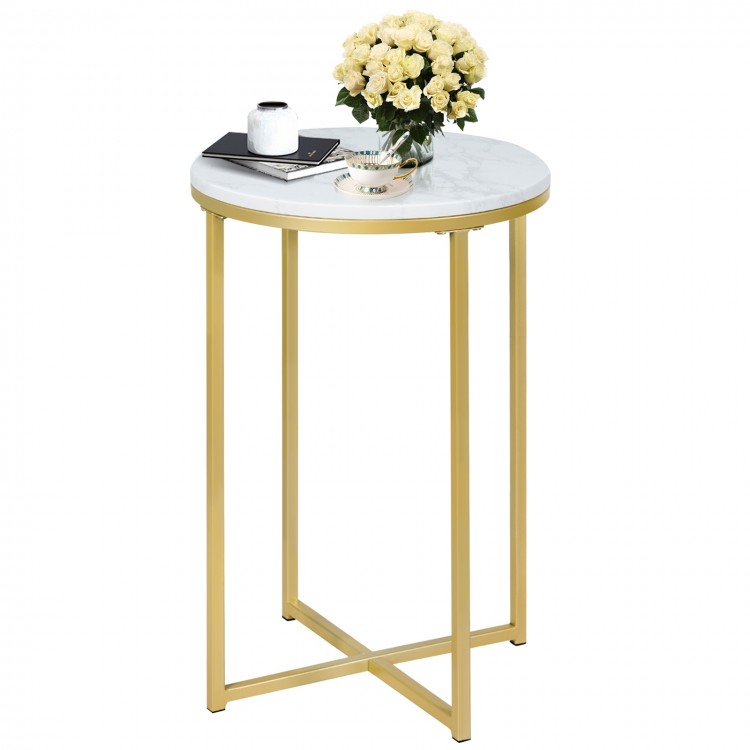 Round side table with faux marble top and gold metal frame, perfect for living room or bedroom decor.