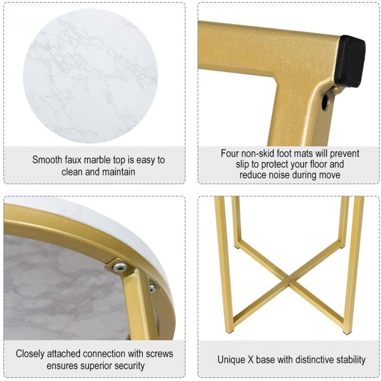 Round side table with faux marble top, golden metal frame, and non-skid foot pads for stability in small spaces.