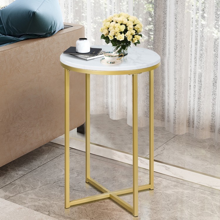 Round side table with faux marble top and golden metal frame, perfect for living room or small spaces.