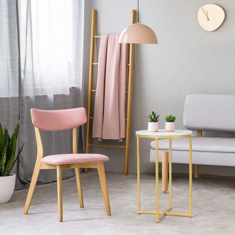 Round side table with faux marble top and golden metal frame, perfect for compact spaces in living rooms or bedrooms.