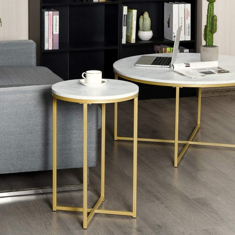 Round side table with faux marble top and golden metal legs, ideal for living room or small spaces.