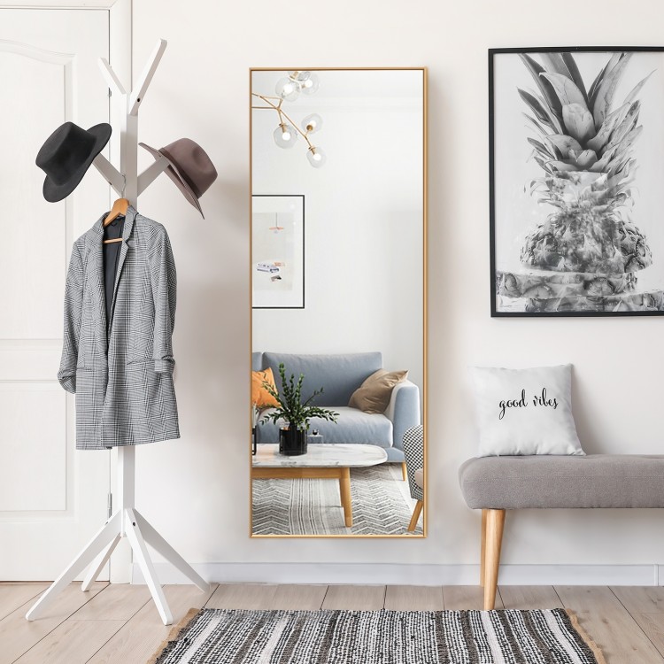 Full-length golden mirror with aluminum alloy frame, perfect for bedroom or entryway decor and easy to hang or lean.