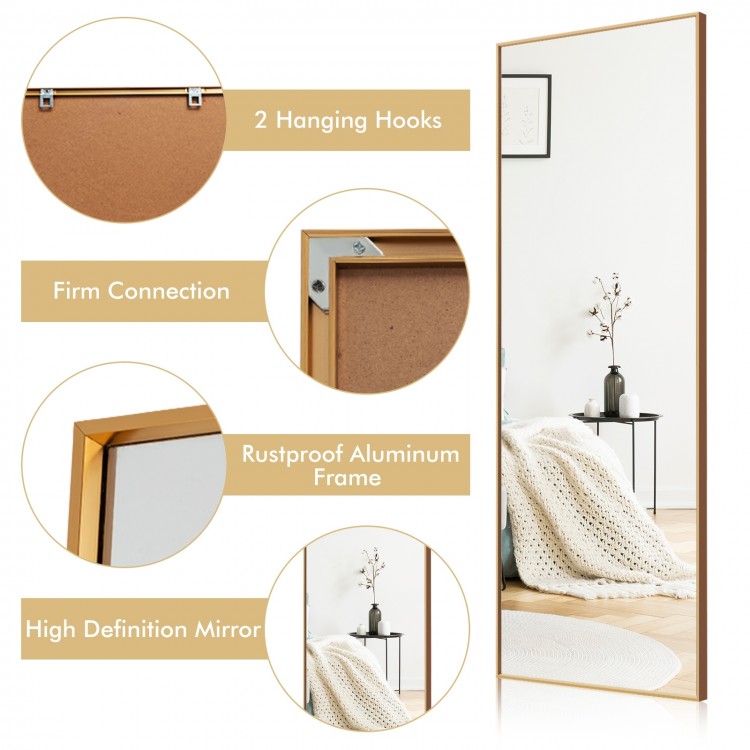 Full length 59-inch golden rectangle mirror with rustproof aluminum frame, ideal for bedroom or entryway decor.