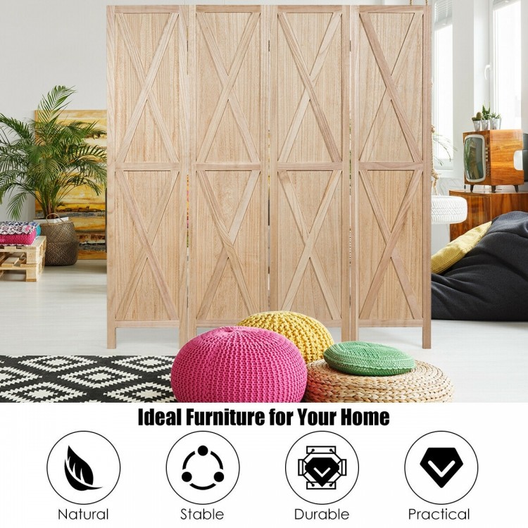 Folding wooden room divider with 4 panels, made of durable paulownia wood, ideal for creating privacy in any space.