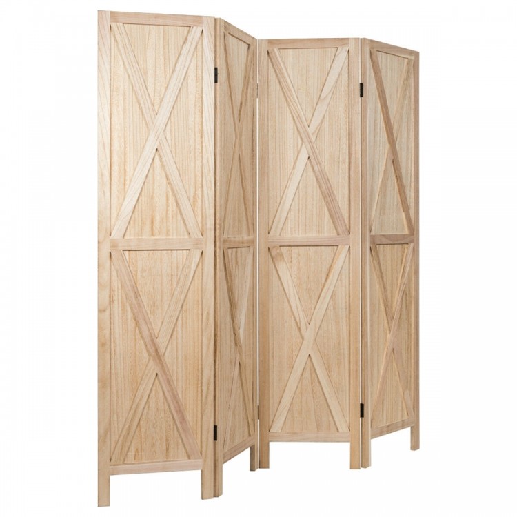 Natural wooden room divider featuring four flexible panels and durable hinges, perfect for adding elegance and privacy.