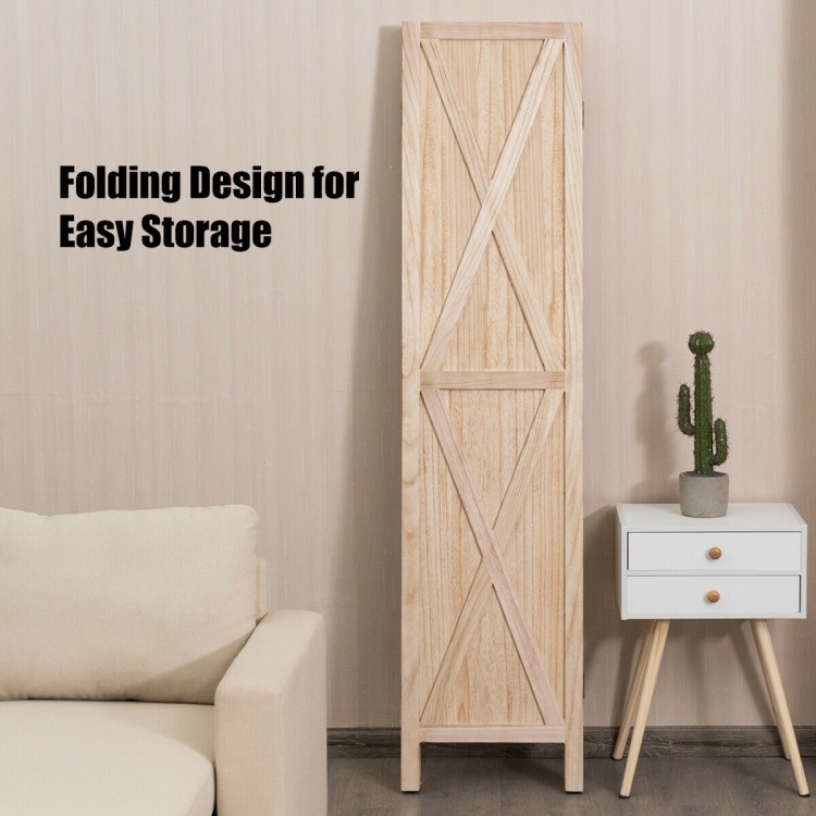 4-panel folding wooden room divider made of solid paulownia, featuring a classic X-shaped design for privacy and.
