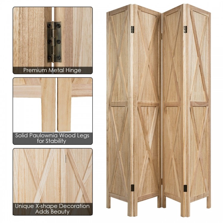 4-panel folding wooden room divider made of solid paulownia wood with X-shaped design, perfect for creating privacy.