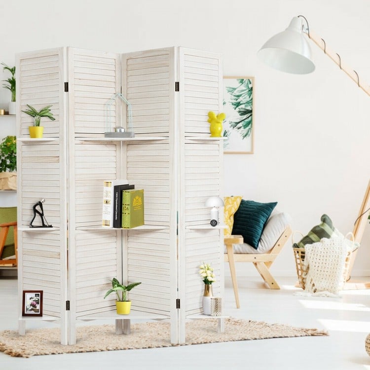 4 panel folding room divider screen in white with 3 display shelves, perfect for creating privacy in home or office.