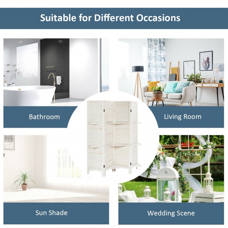 4 panel folding room divider screen in white with 3 display shelves, ideal for creating privacy in any room.