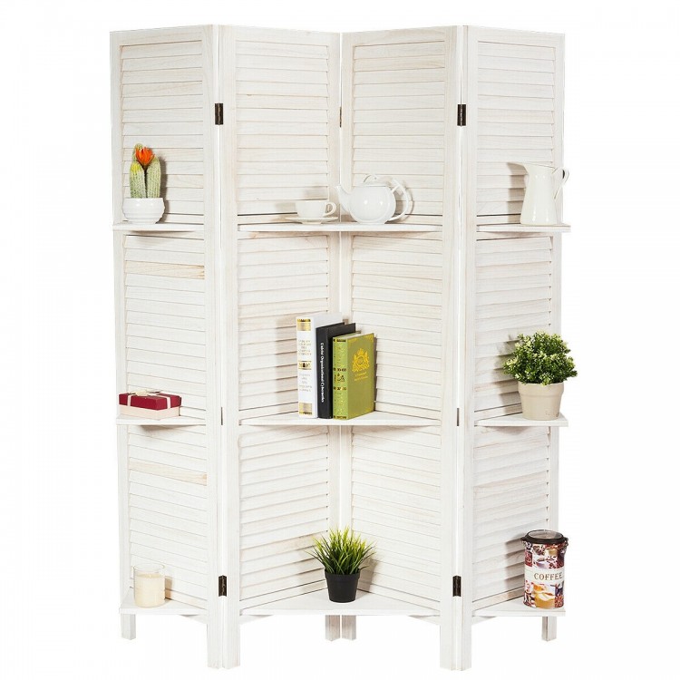 4-panel white room divider screen with 3 display shelves, made of paulownia and MDF, perfect for privacy and decoration.