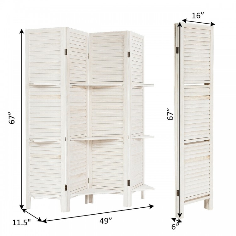 4 panel folding room divider screen in white with 3 display shelves, made of paulownia and MDF, ideal for privacy and.