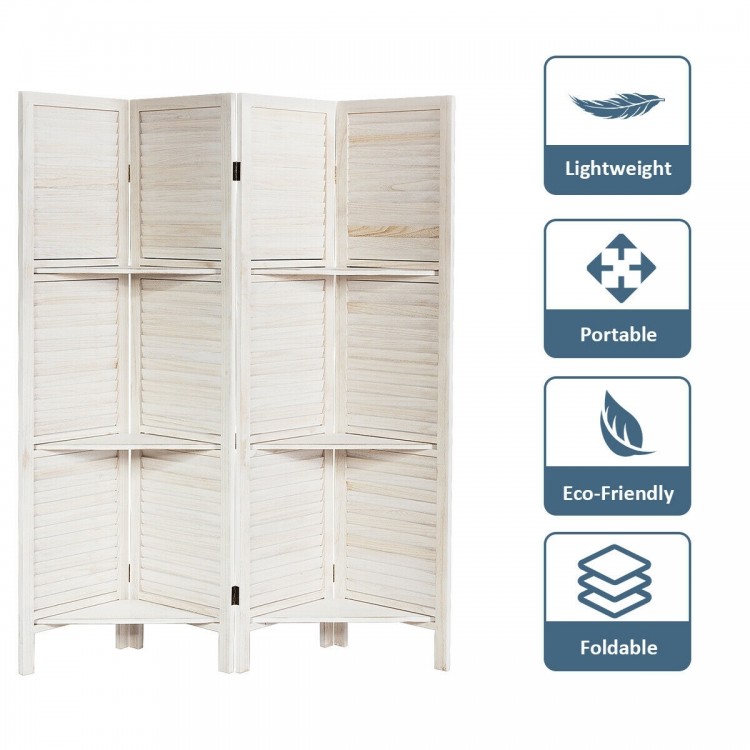 4 panel folding room divider screen in white with 3 display shelves, made of eco-friendly paulownia and MDF for privacy.