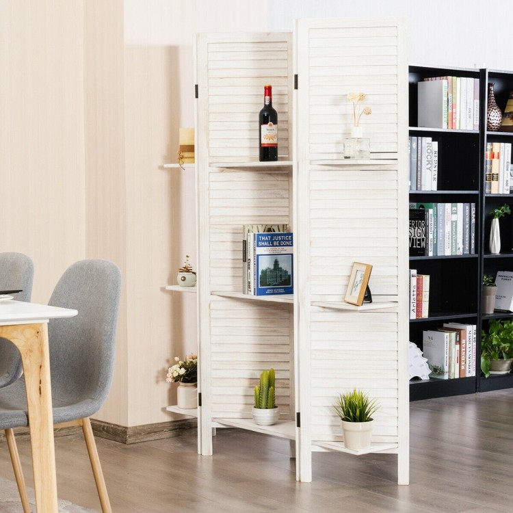 4-panel white room divider screen with 3 shelves, made of paulownia and MDF, perfect for privacy and decoration.