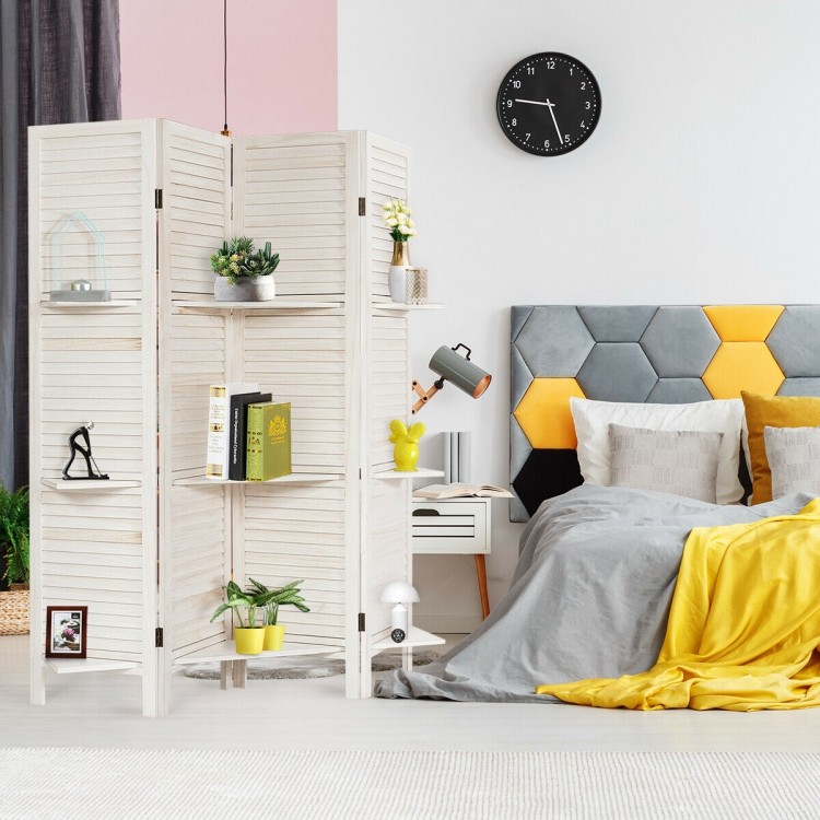 4 panel folding room divider screen in white with adjustable shelves, ideal for flexible space division and stylish.