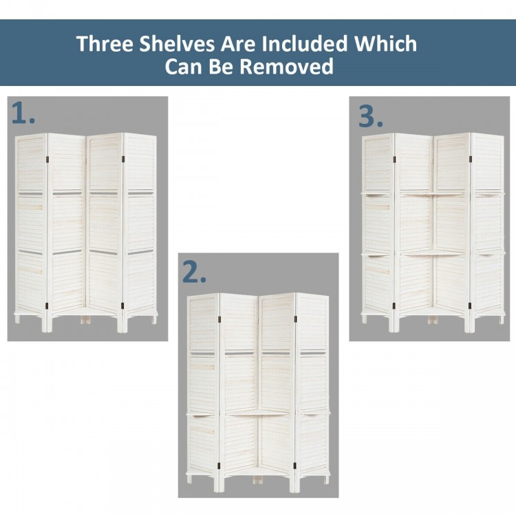 4 panel white folding room divider screen with 3 removable shelves for privacy and decoration in home or office.