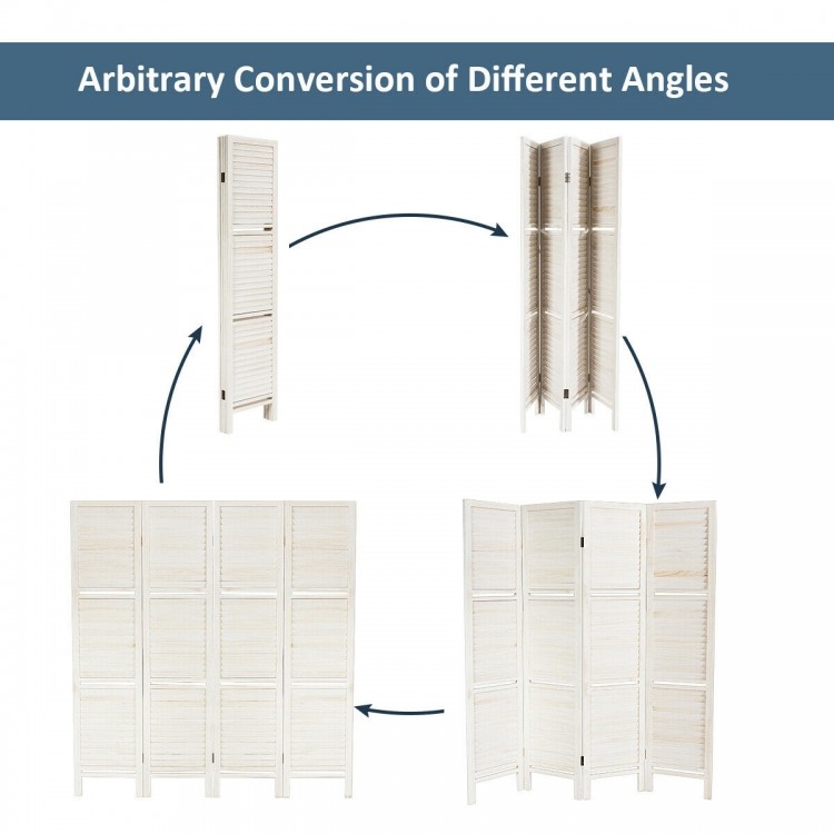 4 panel folding room divider screen in white with 3 shelves, showcasing flexible design for privacy and decoration.