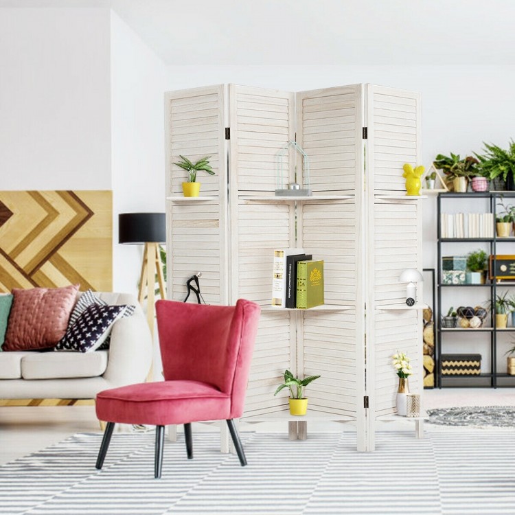 4 panel white room divider with 3 display shelves, made of paulownia and MDF, perfect for creating privacy in any space.