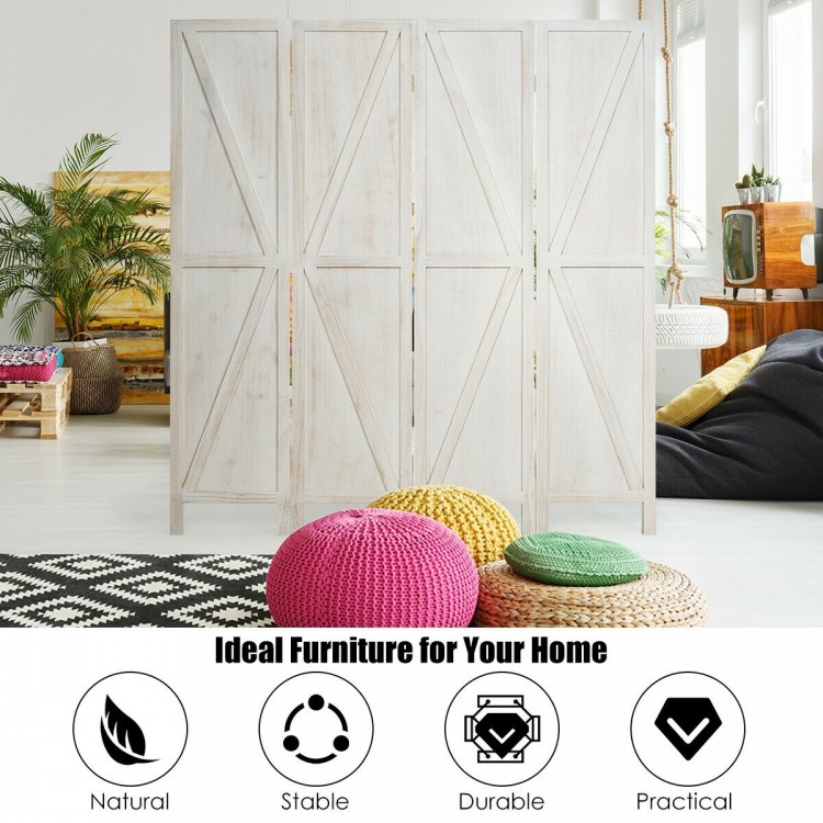 4-panel folding wooden room divider in white, made of natural paulownia wood, ideal for creating private spaces.