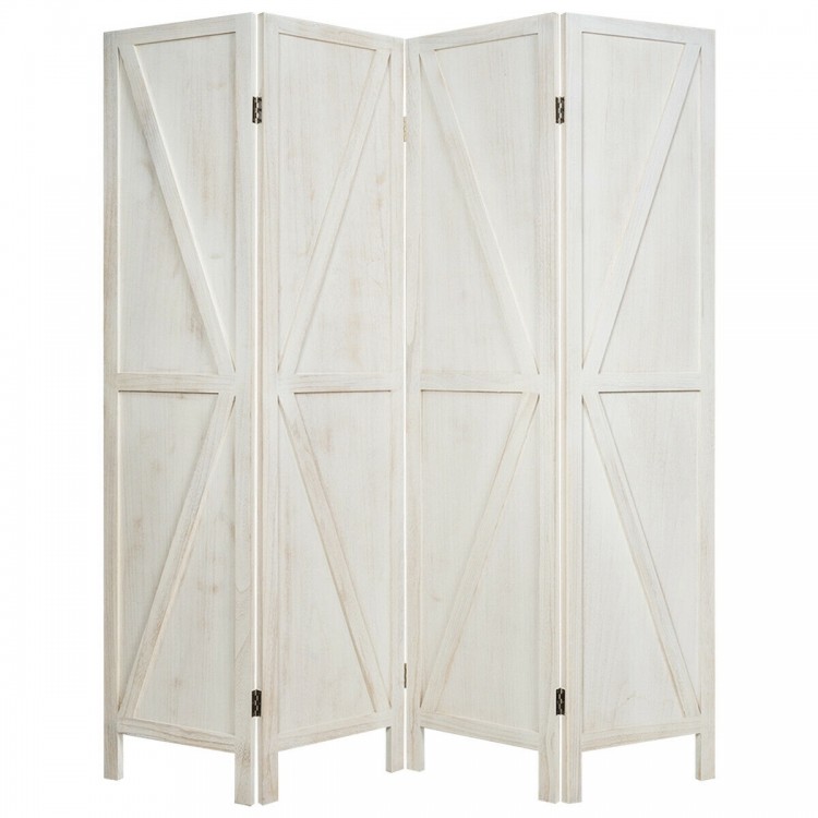 4-panel folding wooden room divider in white, featuring a rustic design, ideal for creating private spaces and easy to.