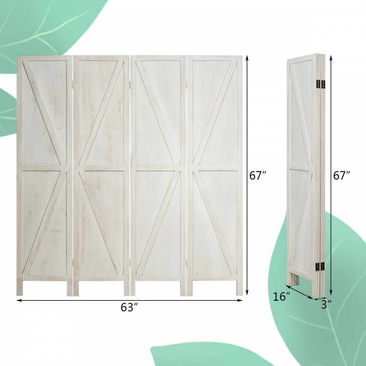 Four-panel folding wooden room divider in white, made of natural paulownia wood, ideal for creating private spaces.