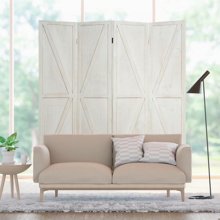 Folding wooden room divider with 4 panels in white, featuring a rustic design for versatile indoor space separation.