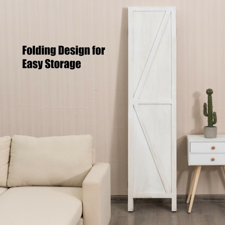 4-panel folding wooden room divider in white, featuring a rustic design for easy storage and versatile space.