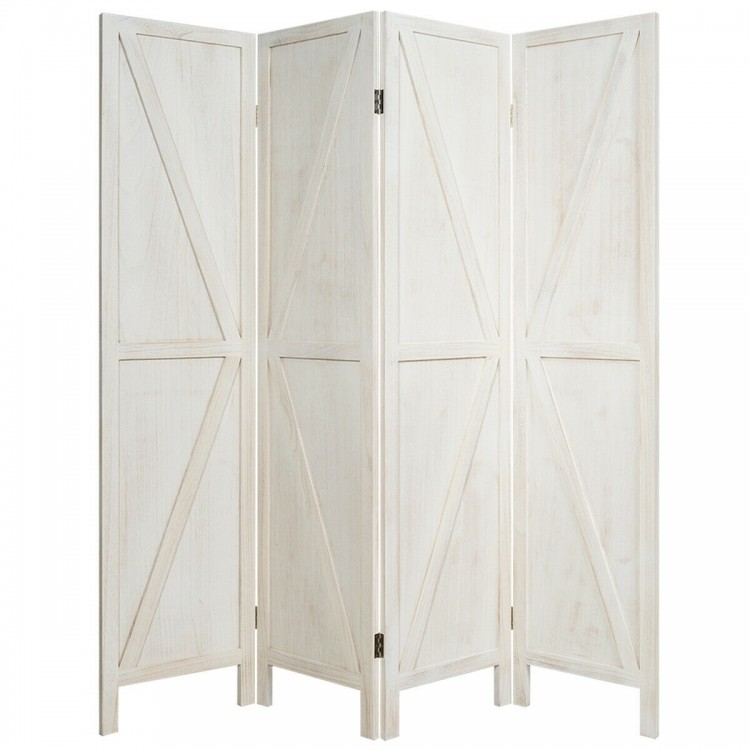 Four-panel folding wooden room divider in white, featuring a rustic design, ideal for creating private spaces.
