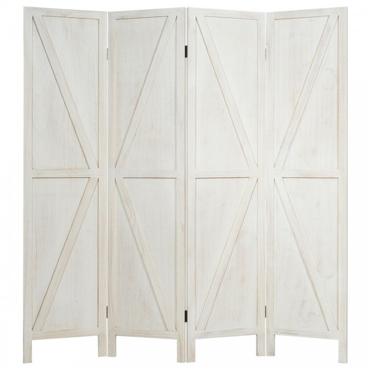 4-panel folding wooden room divider in white, featuring V-shaped design, ideal for creating private spaces and easy to.